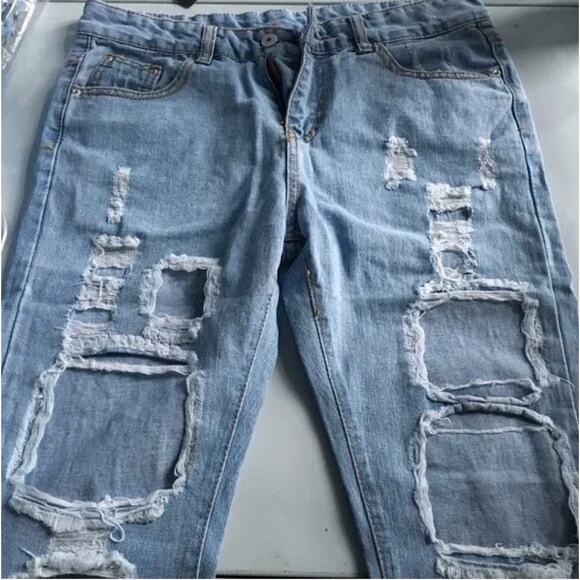 Small Light Wash Distressed High Rise Straight Leg Mom Denim Jeans - Picture 2 of 5